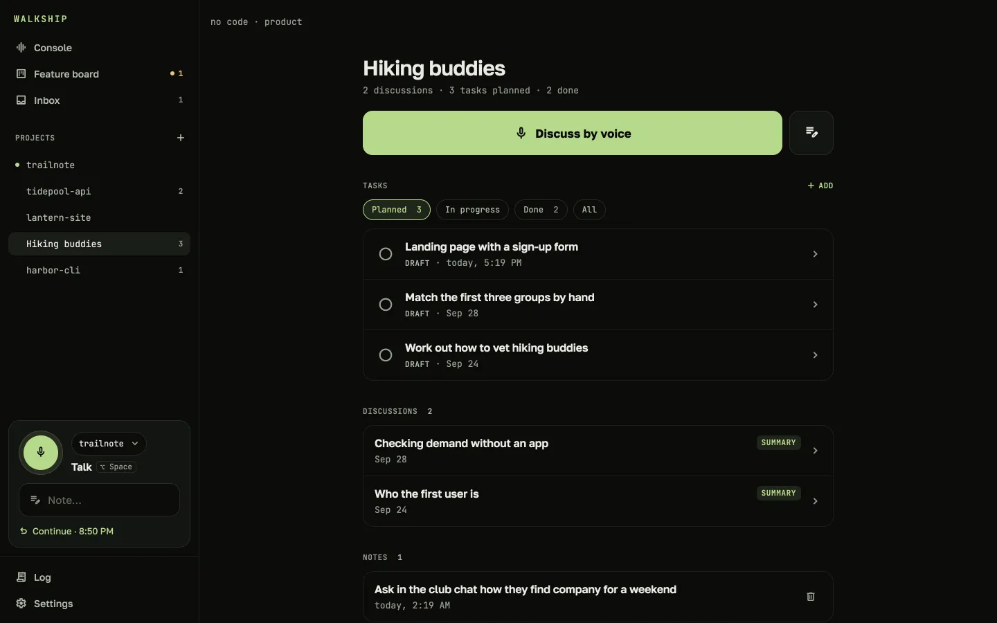 A project without code on the Mac: a product idea with its to-dos, discussions and notes